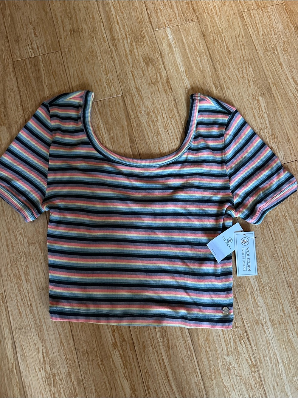 Volcom Striped Scoop Neck Crop Top - coral, black, yellow